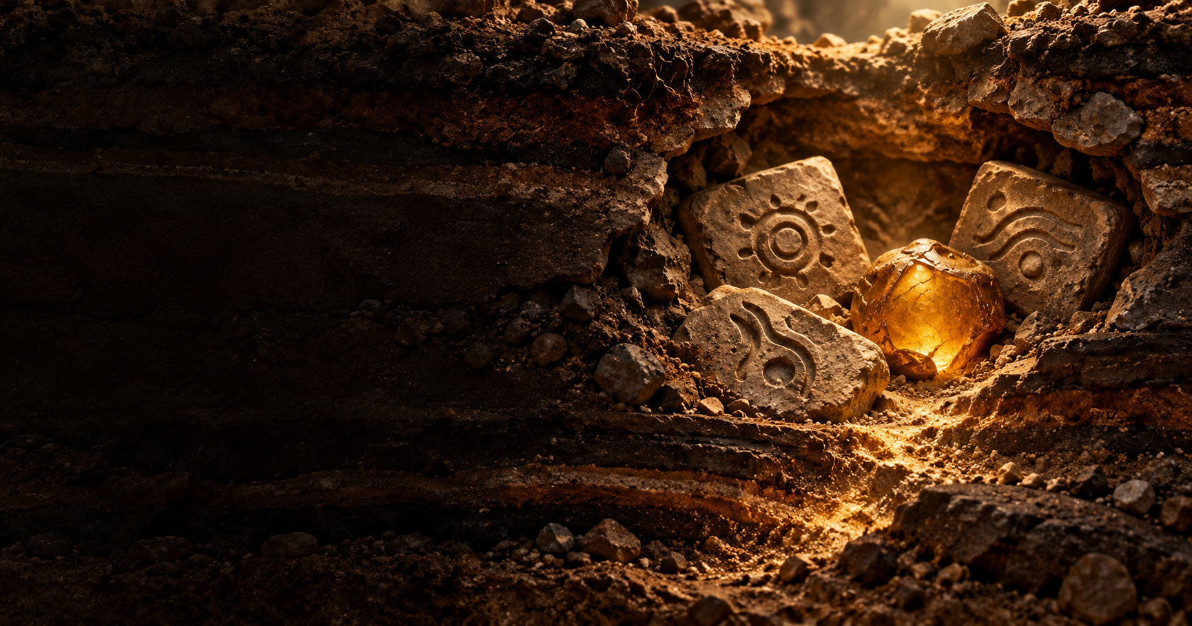 Carved stone word tiles and a warm amber glow beneath layers of dark earth
